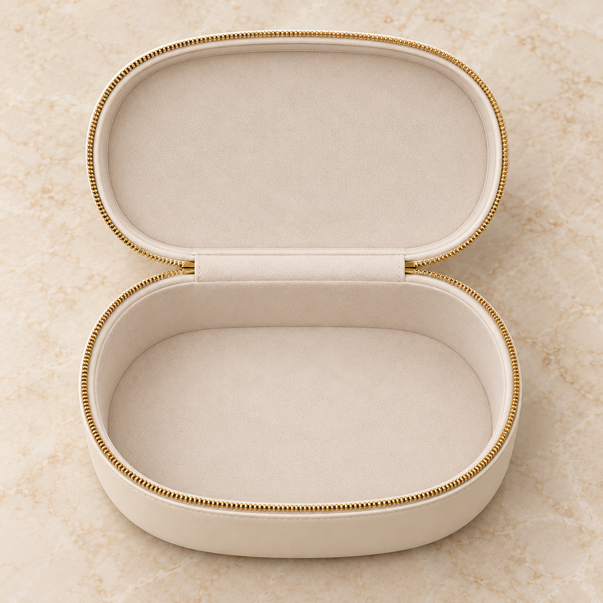 Clamshell Makeup Case — top view — AI-generated illustration