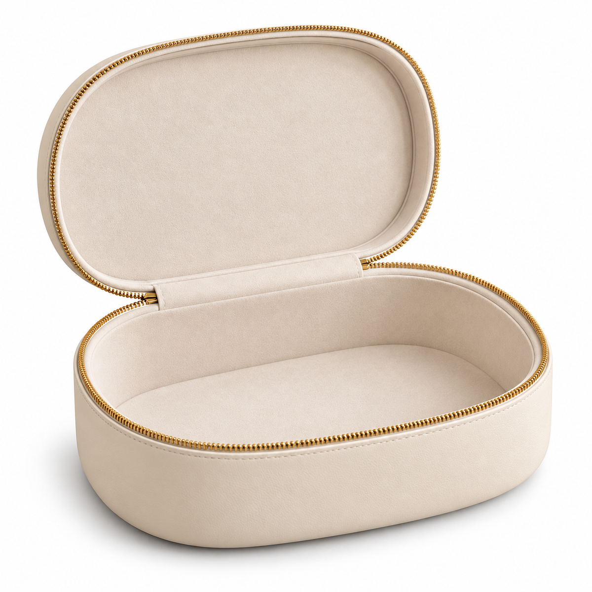 Clamshell Makeup Case — white background — AI-generated illustration